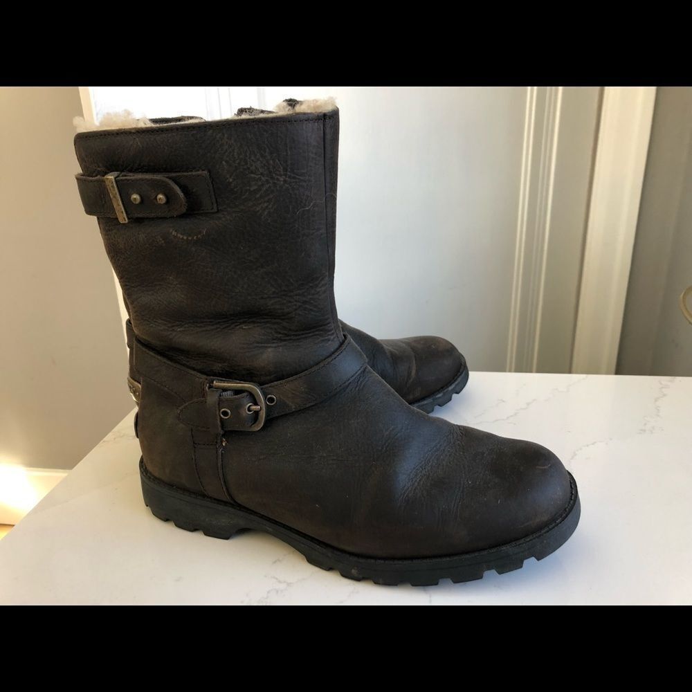 UGG Size 7 leather Dark Brown Boots Buckled Detailing